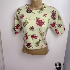 Twiggy Vintage Lambswool Rabbit Fur Green Red Rose Print Cropped Soft Sweater‎ M